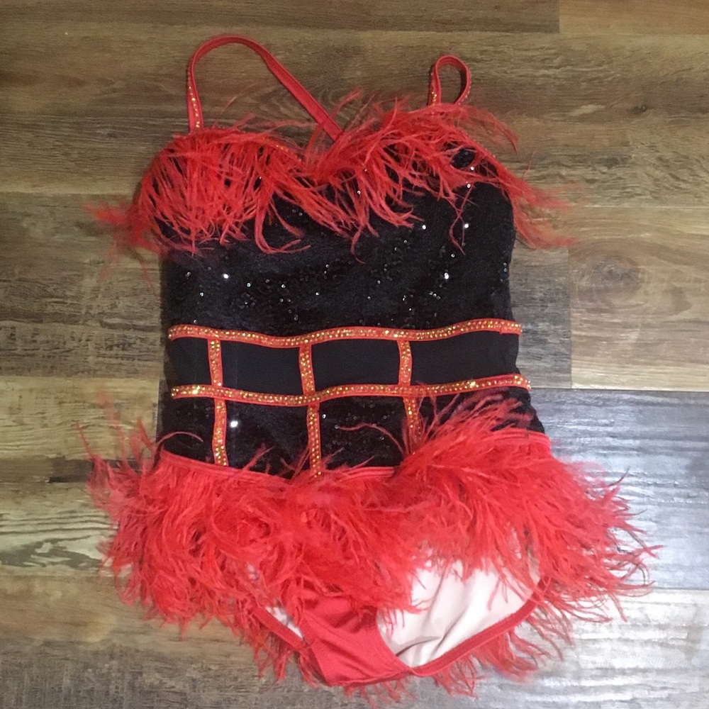 Weissman Black Sequin & Red Feather Kids Dance Costume